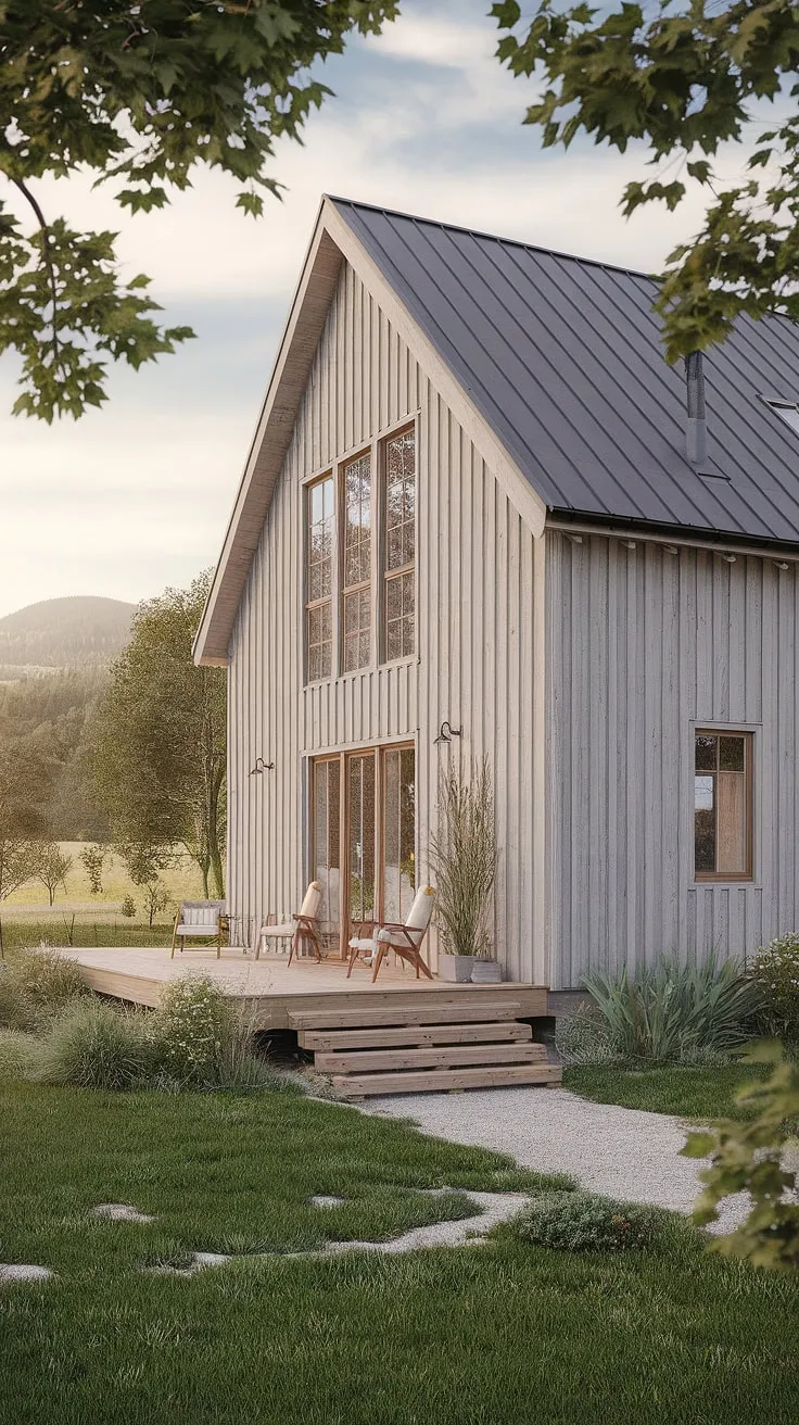 A serene escape awaits in this light-filled Scandinavian farmhouse. The rustic exterior and surrounding greenery create a peaceful atmosphere, while the modern design promises comfort and style. A perfect place to unwind and reconnect.