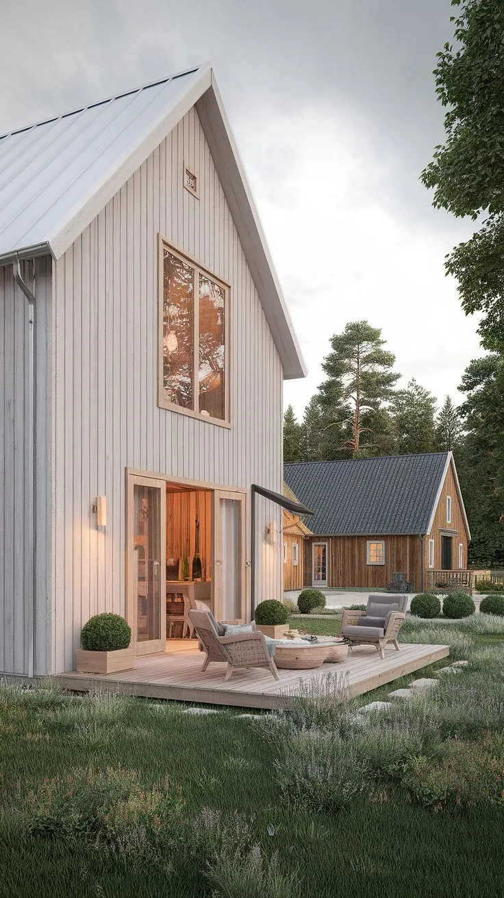 Where modern meets rustic: This Scandinavian farmhouse seamlessly blends light wood exteriors with a cozy, contemporary interior, all while enjoying the serene backdrop of a traditional Nordic barnhouse. The perfect blend of old-world charm and contemporary comfort. A sense of calm pervades every room.
