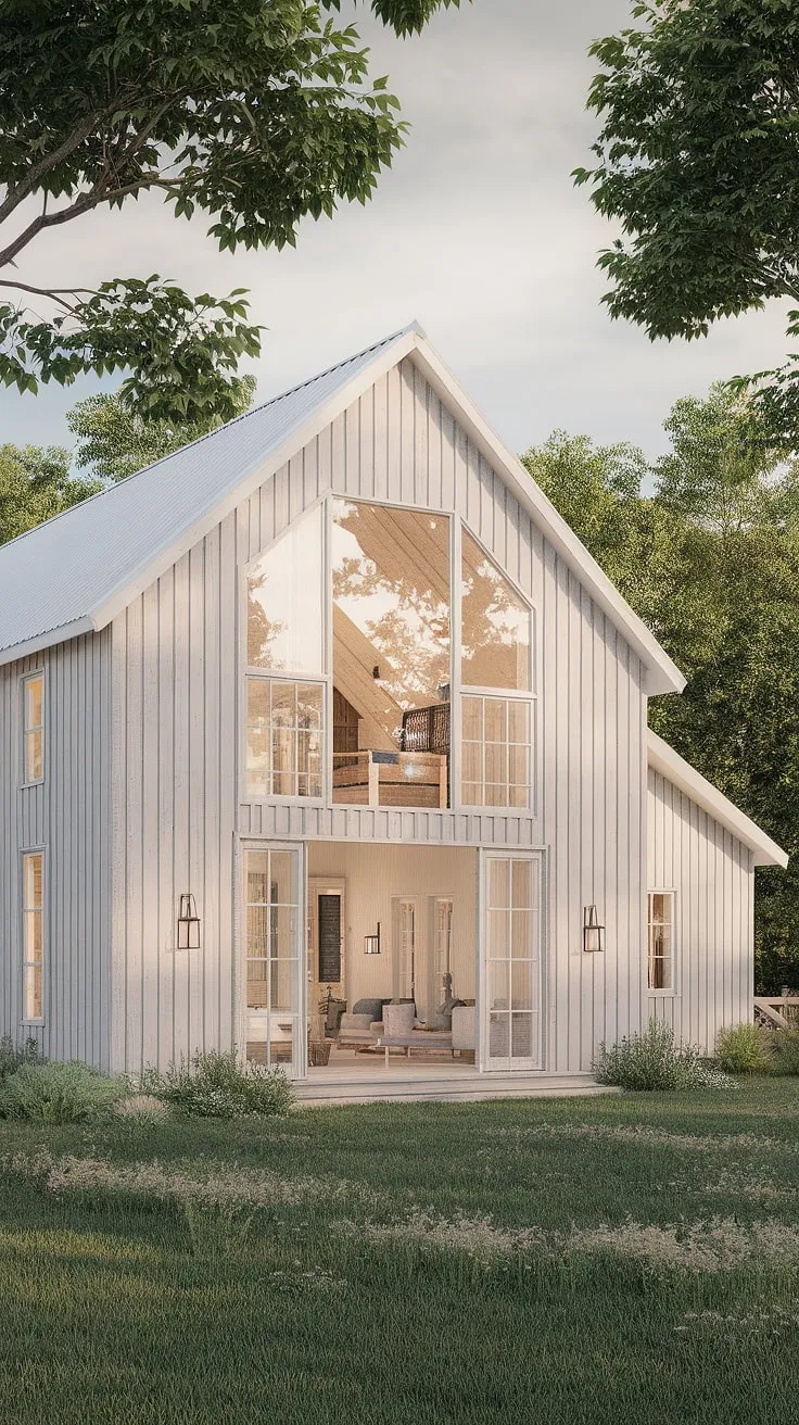 Sunlight streams through the expansive windows of this modern Scandinavian farmhouse, revealing a rustic-chic interior where light wood and white walls create a serene atmosphere. The minimalist design perfectly complements the lush green landscape, offering a tranquil escape. A testament to thoughtful design and sustainable living, this home embodies the essence of understated elegance.
