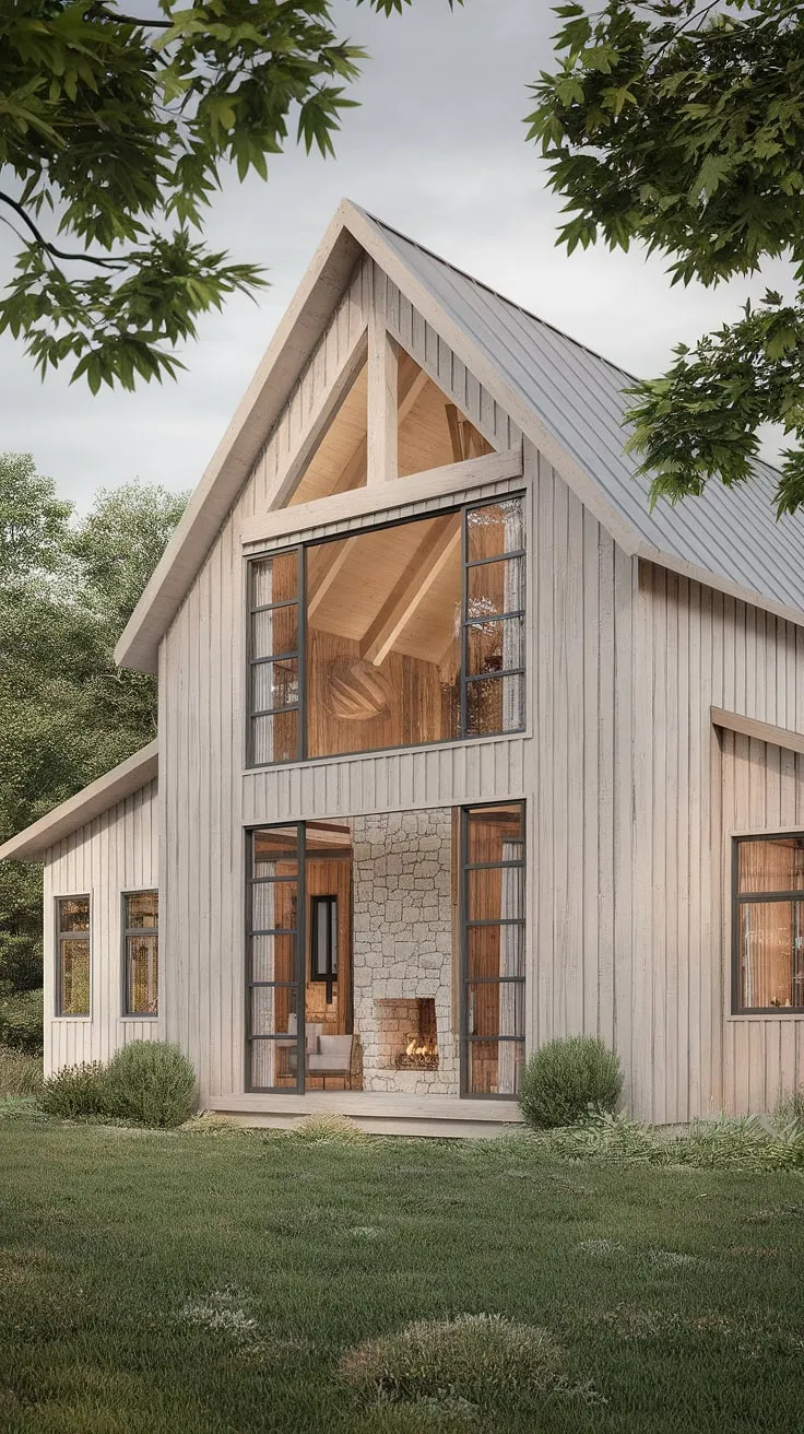 Where modern meets rustic. This Scandinavian farmhouse, with its light wood exterior and expansive windows, seamlessly blends contemporary design with the warmth of a traditional Nordic barnhouse. The interior, featuring exposed wooden beams and a cozy stone fireplace, offers a sanctuary of comfort and style. A perfect blend of nature and refined living.