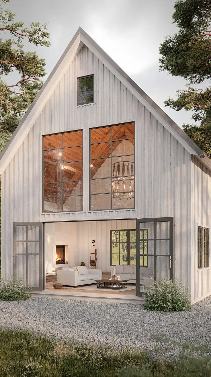 This Nordic barnhouse effortlessly marries rustic charm with contemporary sophistication. A light wood exterior and gravel pathway lead to a haven of exposed beams, white walls, and a fireplace that anchors the heart of the home. A tranquil escape where nature meets refined living.