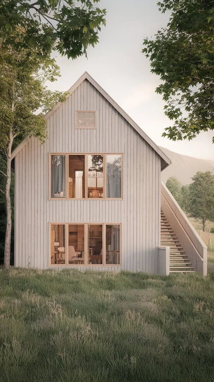 Where rustic charm meets modern minimalism. This Scandinavian farmhouse, nestled amongst breathtaking scenery, seamlessly blends traditional craftsmanship with contemporary design, creating a sanctuary of tranquility. The light-filled interior, glimpsed through the windows, promises a life lived simply and beautifully.
