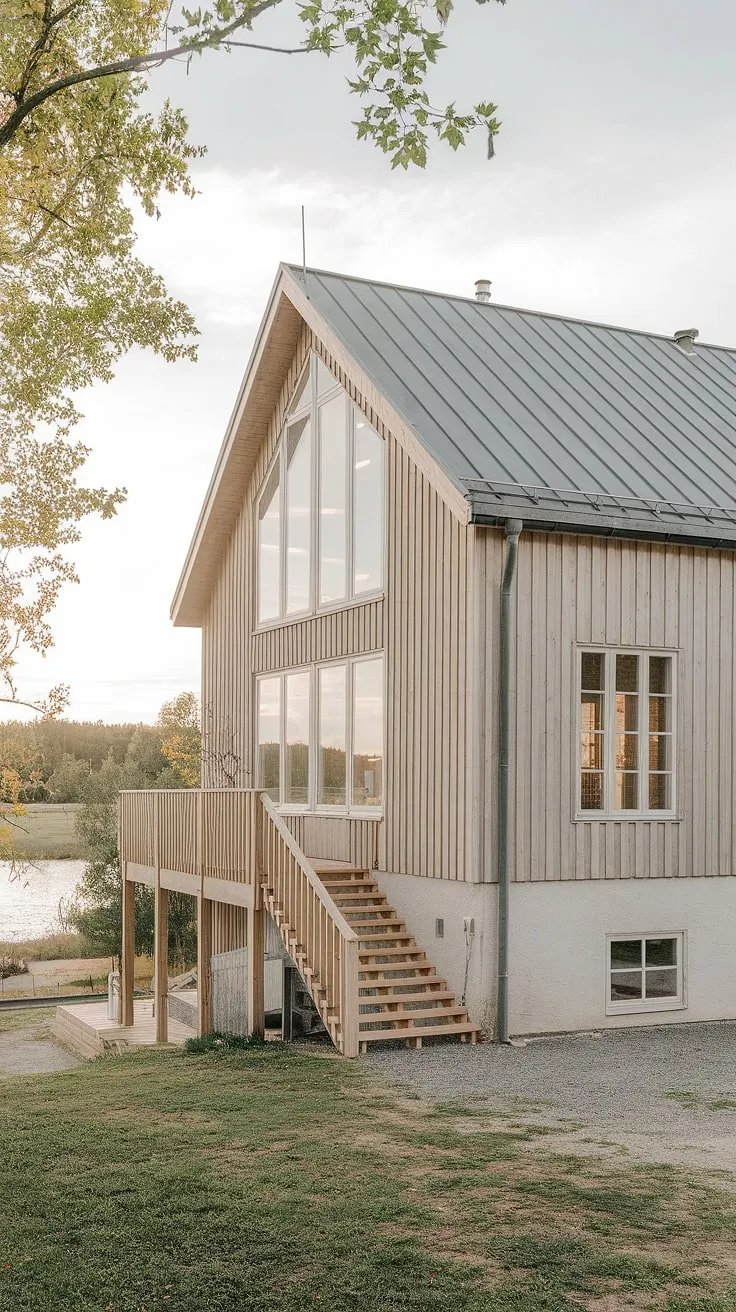 This light-filled Scandinavian farmhouse, with its flat roof and expansive windows, is a testament to minimalist living. A peaceful escape nestled amongst nature, the home's design seamlessly integrates with its stunning surroundings, offering unparalleled views of the water and trees. A true sanctuary.