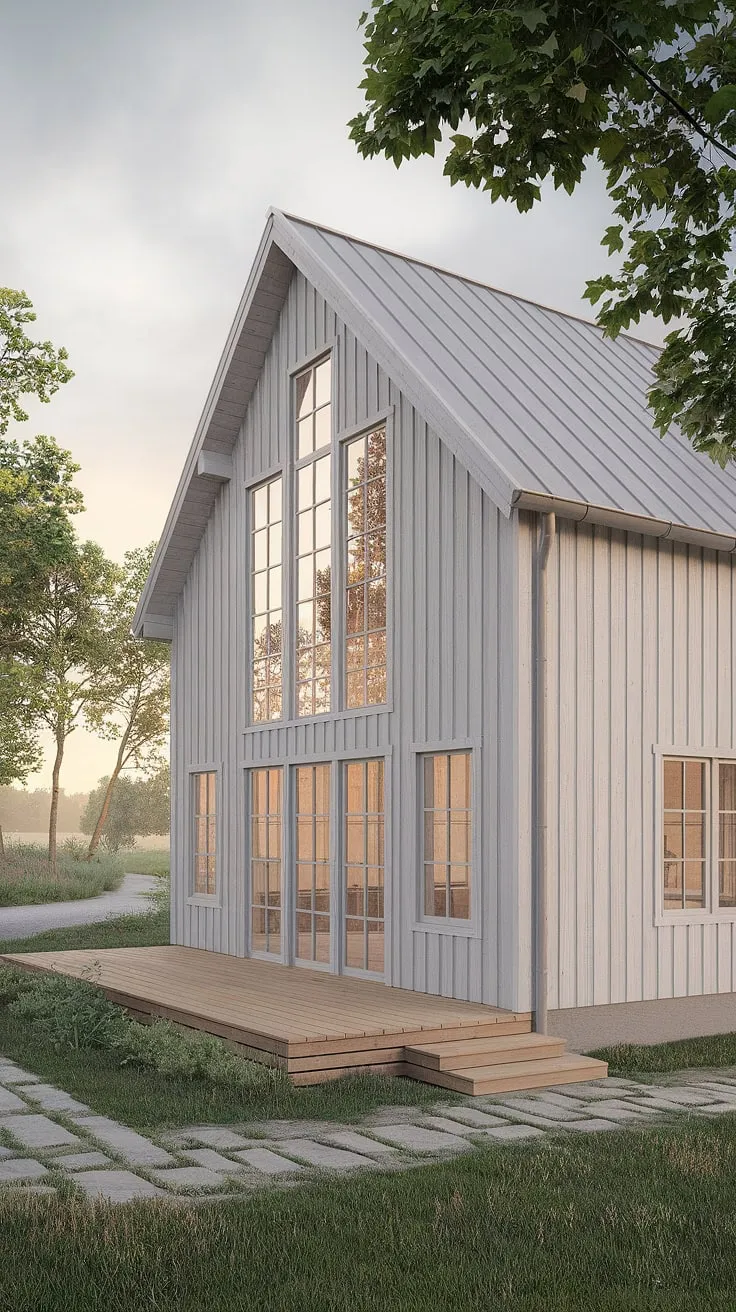 Nestled amidst nature's beauty, this light gray farmhouse offers a sanctuary of peace and quiet. Its A-frame design and thoughtful use of natural wood create a harmonious balance between rustic simplicity and contemporary sophistication. A spacious deck provides the perfect spot to enjoy the breathtaking views.
