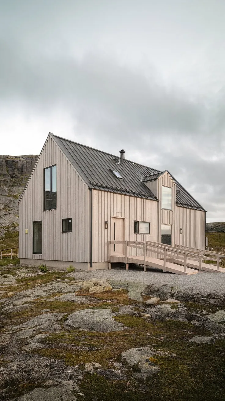 A modern Scandinavian farmhouse, its light wood a stark contrast to the rugged, rocky landscape. The gentle slope of the ramp speaks to a thoughtful design, blending seamlessly with the austere beauty of its surroundings. A testament to minimalist living in a dramatic setting.