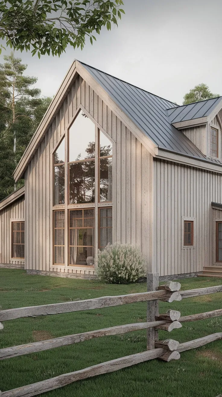 This Scandinavian farmhouse effortlessly blends rustic charm with modern elegance. The light wood exterior, expansive windows, and sloping roof create a welcoming atmosphere, perfectly complemented by the lush green landscape and rustic wooden fence. A testament to thoughtful design and a connection to nature.