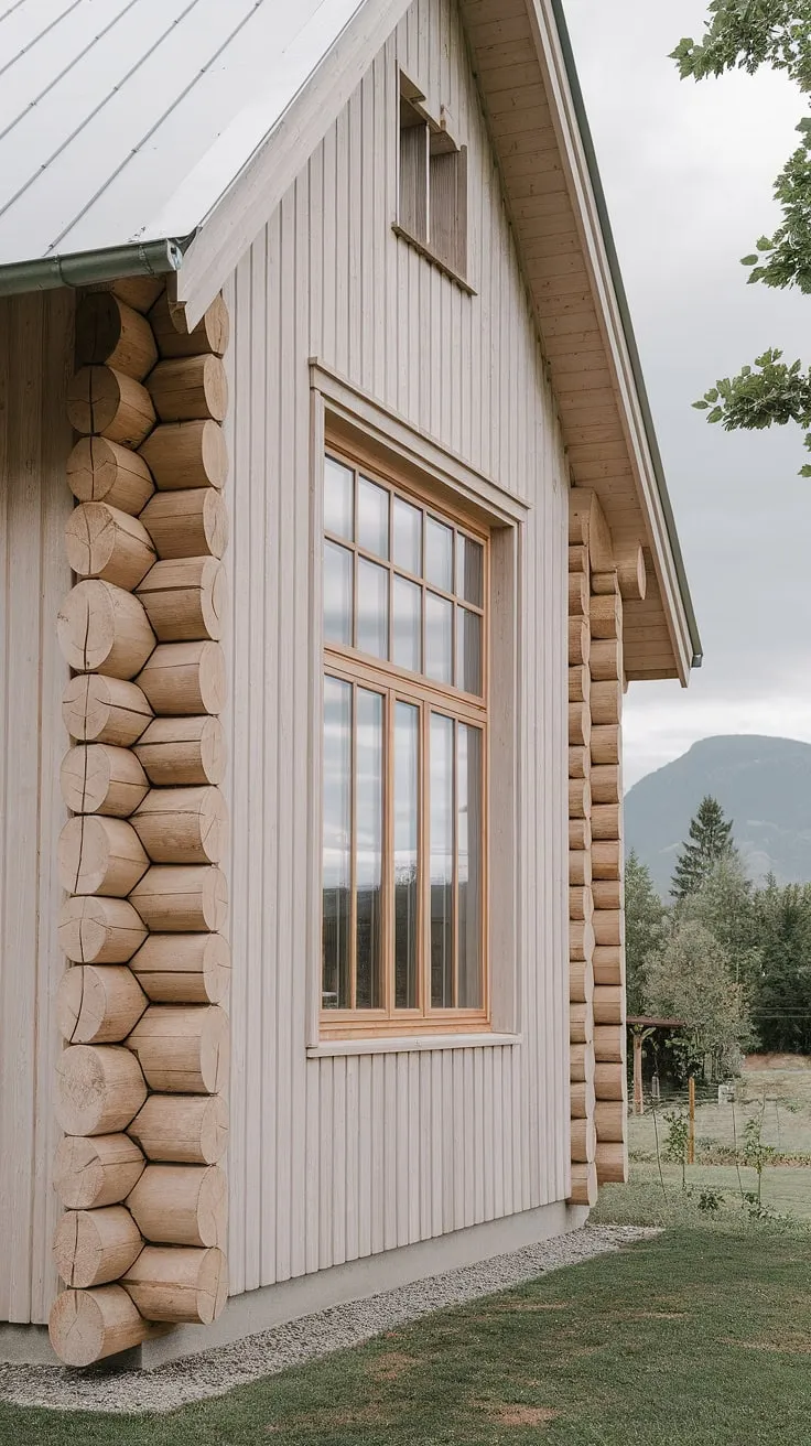 A modern Scandinavian farmhouse, nestled amongst the tranquil landscape, embodies a harmonious blend of rustic charm and contemporary design. The light wood exterior, accented by exposed logs, speaks to a deep connection with nature, while the expansive window offers breathtaking views of the distant mountains. A perfect sanctuary, where simplicity meets serenity.