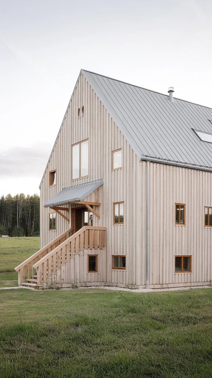 A modern Scandinavian farmhouse, bathed in the warm glow of the setting sun, stands proudly overlooking a sprawling green field. The light wood exterior and steep-pitched roof speak to a timeless elegance, while the simple design and small windows hint at a peaceful life within. A wooden staircase leads to the main entrance, inviting you to step inside and discover the tranquility that awaits.