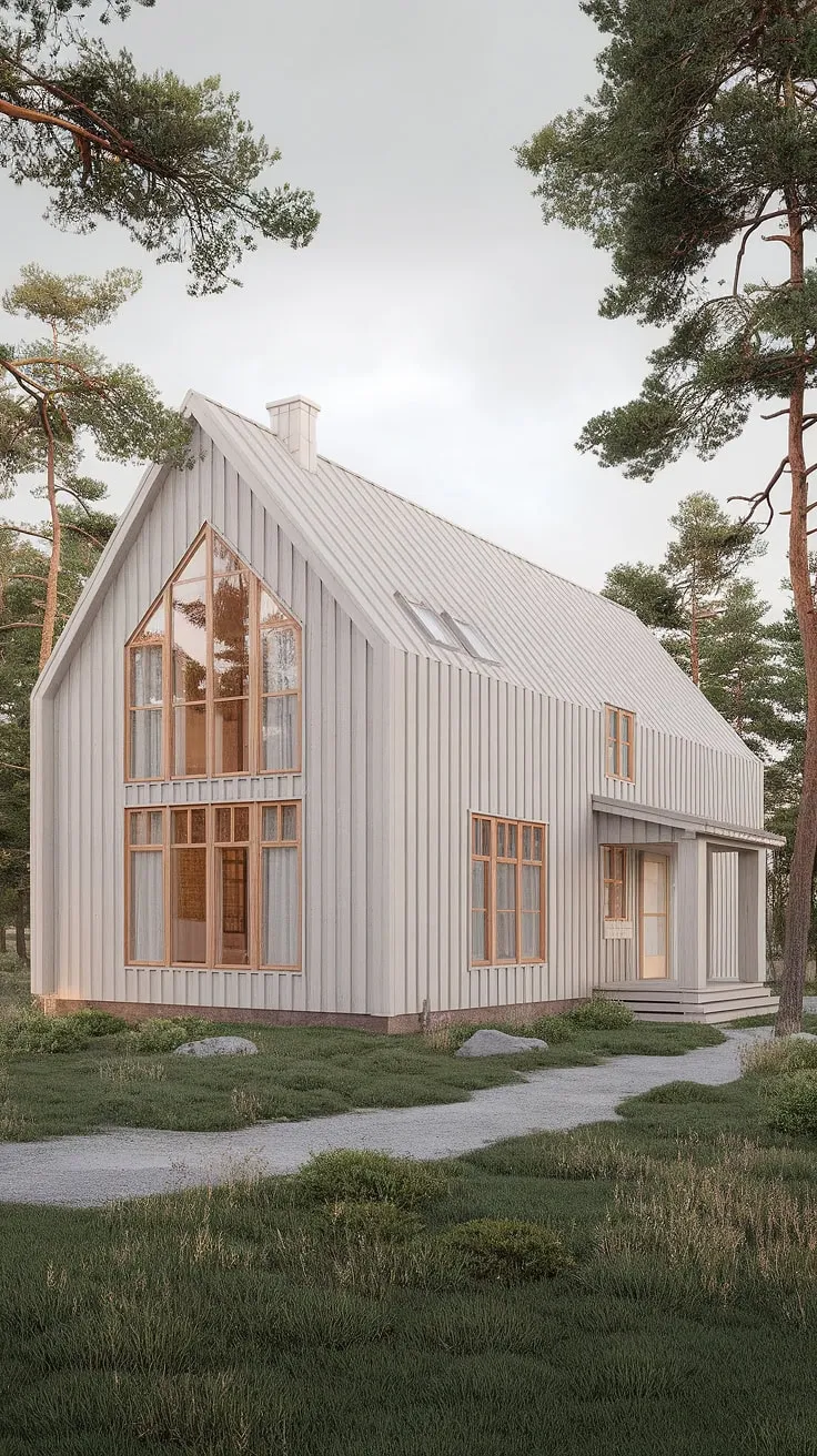 Nestled amongst the trees, this light beige Scandinavian farmhouse exudes a sense of calm and understated luxury. The large windows offer breathtaking views of the Nordic landscape, while the light wood exterior blends seamlessly with its natural surroundings. A perfect blend of modern architecture and rustic charm, it's a dream home realized.
