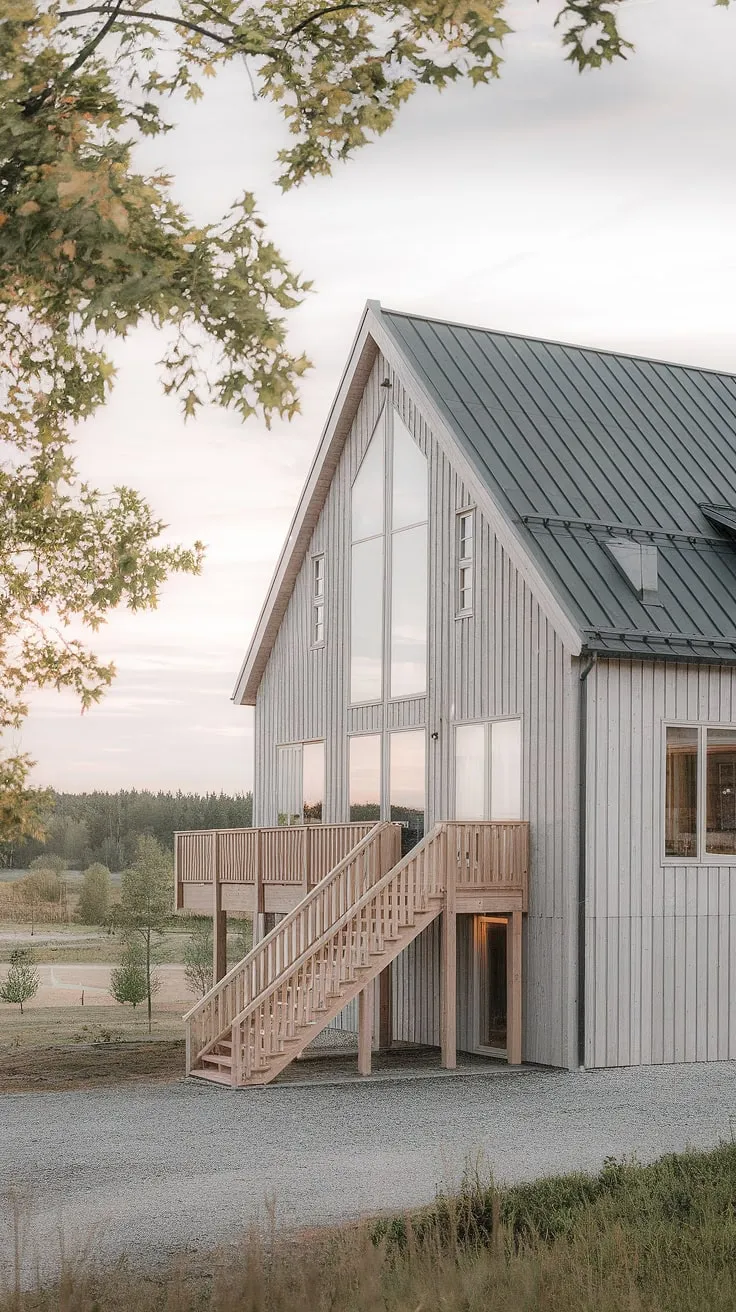 Nestled amidst a tranquil landscape, this Scandinavian farmhouse seamlessly blends rustic charm with contemporary elegance. A stunning example of architectural harmony, the home's light wood exterior and expansive windows invite the outdoors in. A welcoming wooden staircase leads to a private balcony, offering panoramic views. A truly inspiring space. A haven of peace and quiet.
