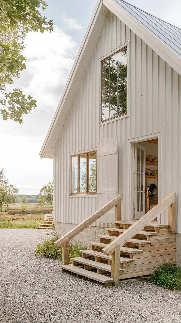 This charming Scandinavian farmhouse offers a breathtaking view. A welcoming wooden staircase leads to a light-filled interior, showcasing a beautiful balance of rustic and modern elements. A haven of calm and simplicity. A dream home.