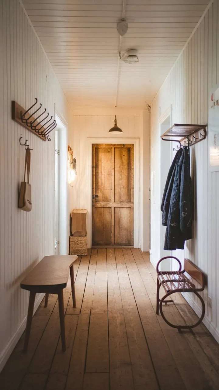 This serene Scandinavian hallway, adorned with natural wood and soft lighting, exudes a tranquil elegance that invites warmth and functionality.