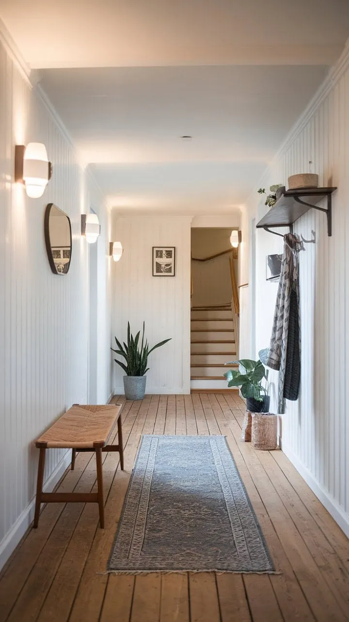 In this Scandinavian hallway, gentle light and thoughtfully curated decor evoke a serene elegance that reflects the homeowner's refined taste.