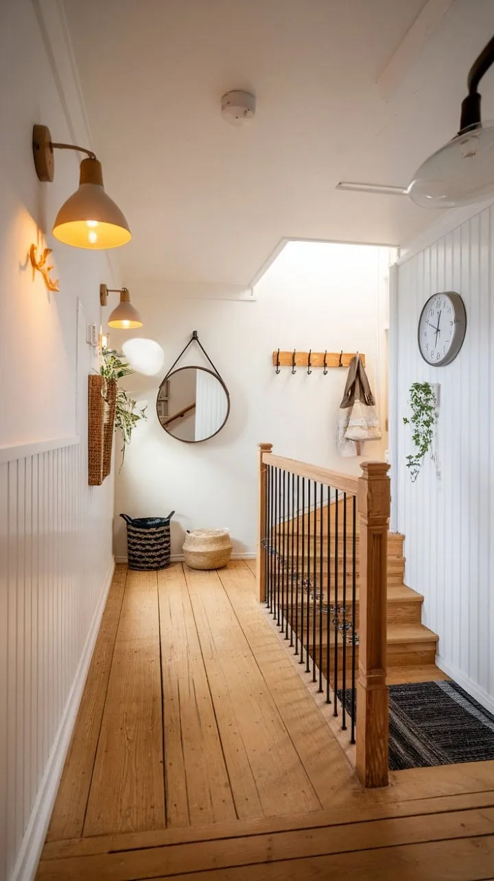 In this serene Scandinavian hallway, soft light dances on pale wood floors, harmonizing the warmth of ceramic lamps with the sleekness of metal railings to create a tranquil oasis of minimalist elegance.
