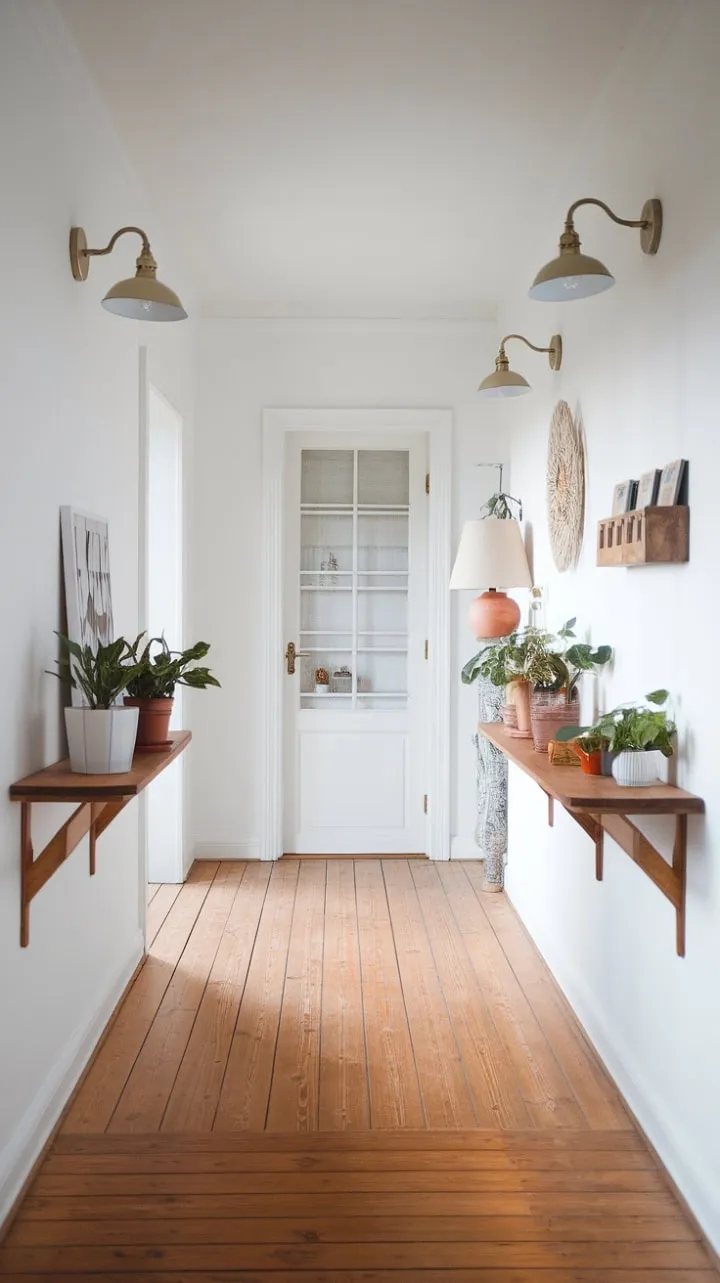 Sunlight bathes a serene Scandinavian hallway, where warm brass accents and curated decor blend functionality with understated elegance.