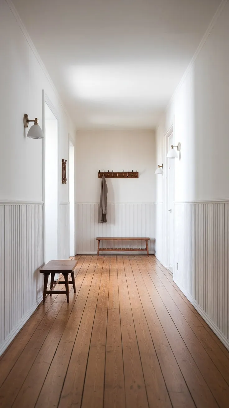 A tranquil haven of Scandinavian design. The white walls and wooden paneling offer a serene backdrop, while the carefully chosen furniture-a bench and coat rack-provide both practicality and understated style. A space that effortlessly balances form and function.
