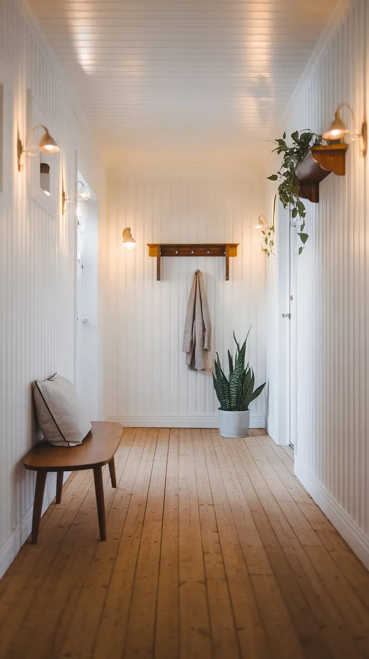 A serene hallway, bathed in the warm light of the sconces, showcases the beauty of Scandinavian design. The simple wooden bench, the potted plant by the door, and the carefully chosen details create a space that is both functional and inviting; a true haven of peace and tranquility.