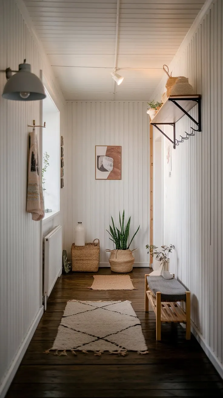 The soft glow of the lamp illuminates the calming serenity of this Scandinavian hallway. Warmth radiates from the dark wood floors, perfectly complemented by the whitewashed walls and thoughtfully placed décor, creating a space that feels both inviting and effortlessly stylish. A perfect blend of minimalist design and cozy comfort.