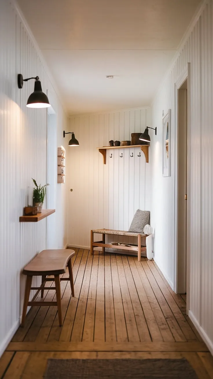 Sunlight streams through the minimalist hallway, illuminating the warm wood floors and creating a cozy atmosphere. The simple bench and shelf add a touch of Scandinavian charm, making this space feel both functional and inviting. A perfect blend of form and function.