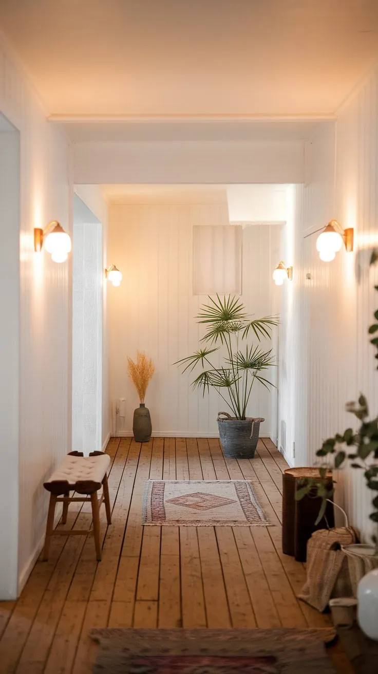 Sunlight streams through the minimalist hallway, illuminating the warm wood floors and creating a cozy atmosphere. The simple elegance of Scandinavian design is perfectly captured in this space, with carefully chosen details like the woven rug and potted plant adding warmth and texture. A sense of calm and serenity pervades, making it the perfect transition between rooms.
