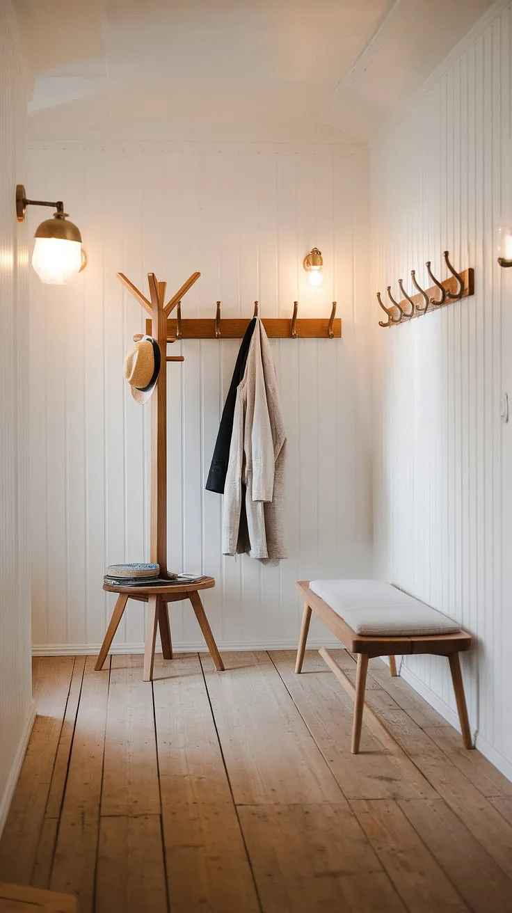 The warmth of the wood, the soft glow of the sconces, and the quiet comfort of this Scandinavian hallway-a perfect blend of minimalist design and cozy functionality. A sanctuary of calm awaits. A place to shed the day's worries and embrace the simple pleasures. A welcome home.