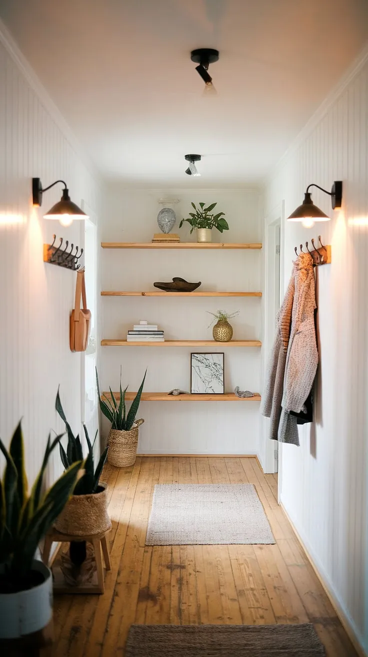 Warm light spills across the pale wood floors of this Scandinavian-inspired hallway, highlighting the simple elegance of the wooden shelves and the carefully chosen decorative items displayed. A sense of calm and understated style pervades the space, enhanced by the soft glow of the wall sconces and the welcoming presence of potted plants. The practical addition of coat hooks and a cozy rug completes this inviting entryway.