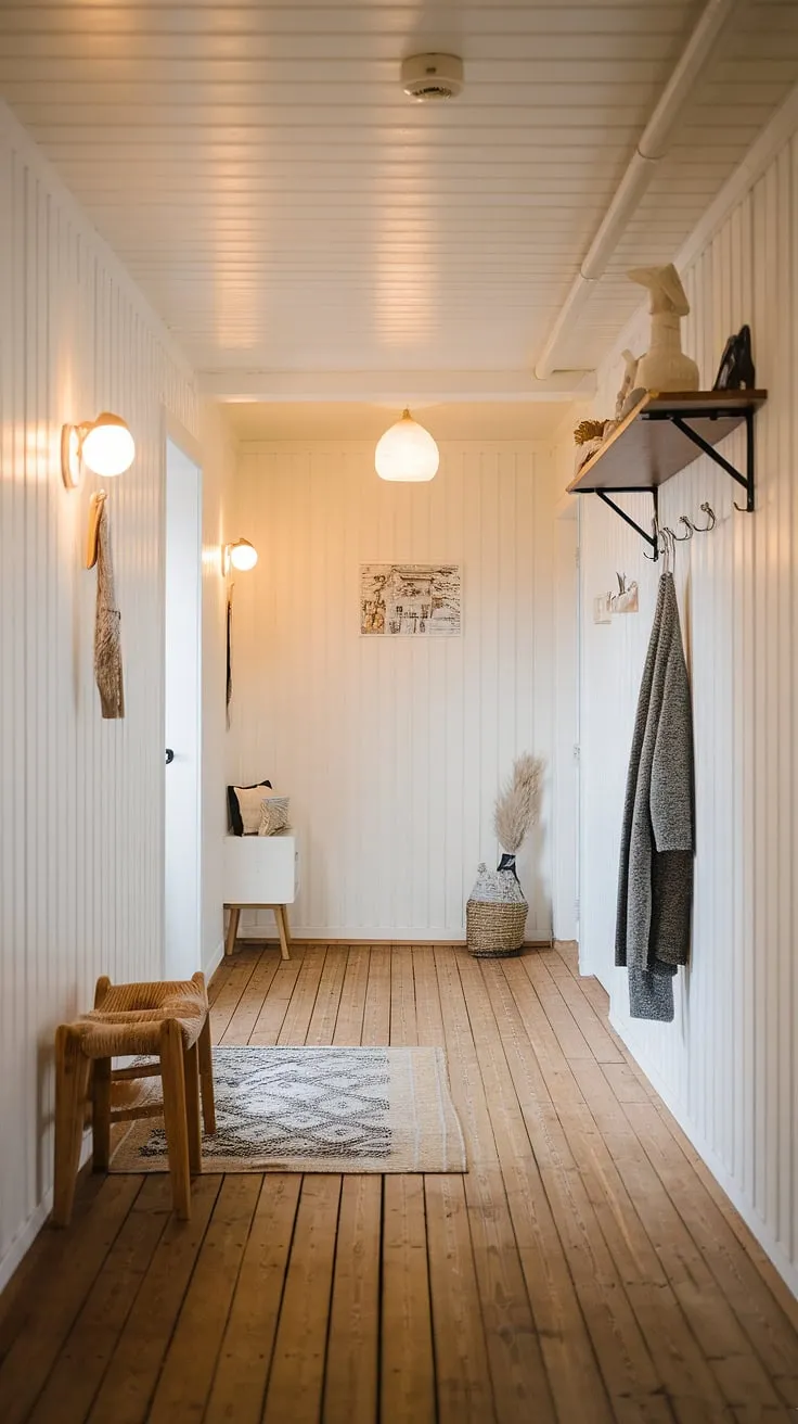A curated collection of textures and light creates a welcoming atmosphere in this Scandinavian hallway. The warmth of the wooden floor, the clean white walls, and the thoughtfully placed furniture-a testament to understated elegance and functional design. A space that breathes tranquility.