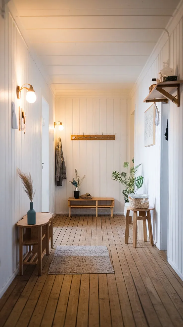 A serene hallway, bathed in warm light, showcases the beauty of minimalist Scandinavian design. The carefully curated furniture and decor, including a cozy rug and a practical coat rack, create a space that is both functional and aesthetically pleasing. A testament to the power of less.
