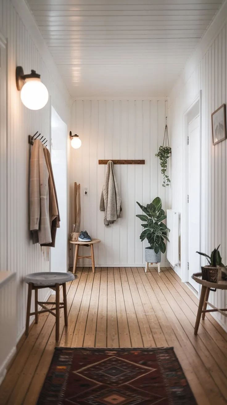 The soft glow of the wall lights illuminates the calm Scandinavian simplicity of this hallway; a perfect blend of clean lines, natural wood, and the comforting presence of a potted plant, creating a space that feels both airy and inviting. A sense of understated elegance permeates every detail.