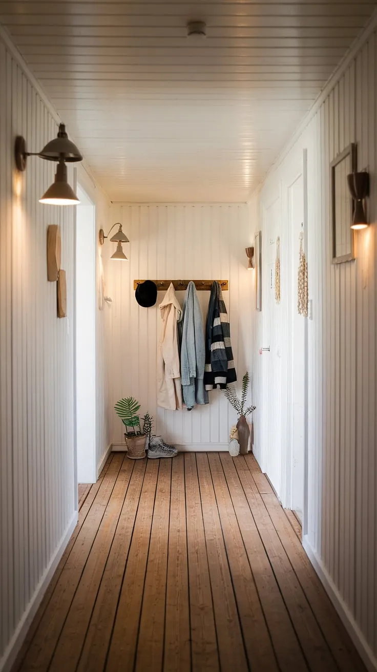 The soft glow of the wall sconces illuminates the calm of this Scandinavian hallway, where simple wooden floors meet crisp white walls. A few coats and hats hang ready for adventure, adding a touch of lived-in warmth to the minimalist design. This is the essence of cozy, inviting home.