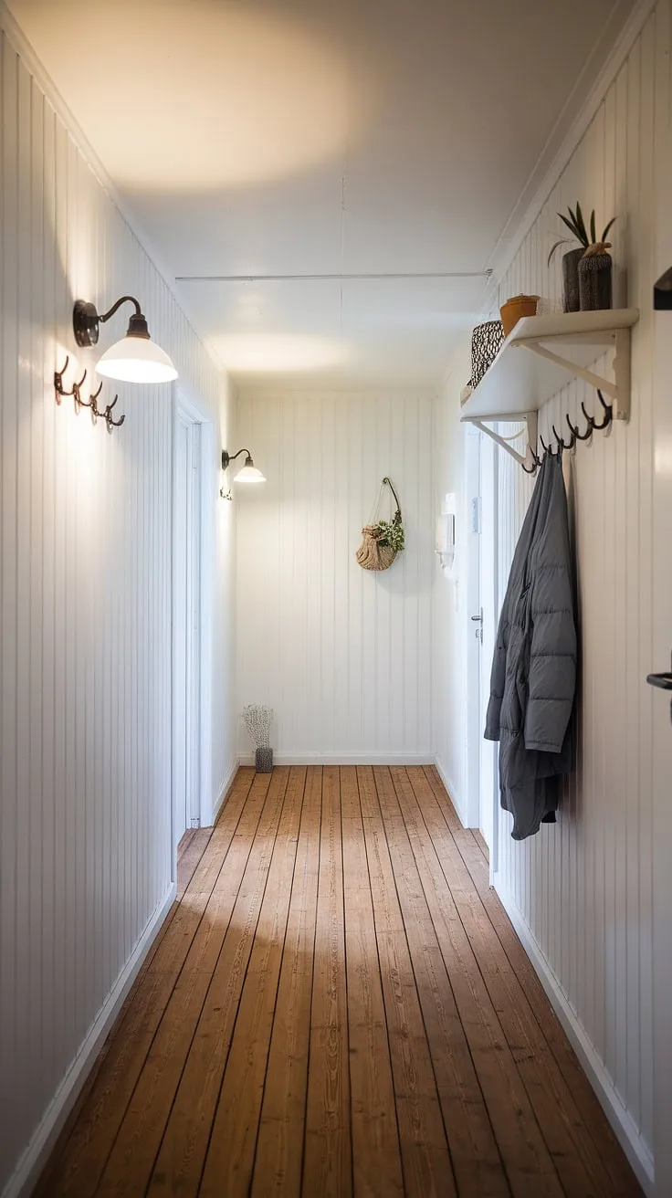 Simple Scandinavian style at its finest. The warm glow of the wall lights highlights the clean lines and natural wood, creating a welcoming and functional hallway. A perfect blend of minimalist design and practical storage.