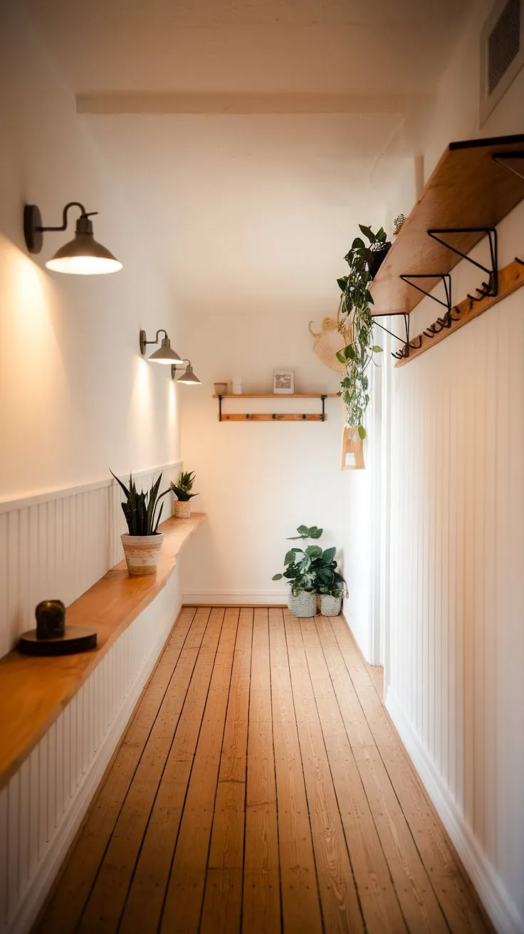 The soft glow of the wall lights illuminates the simple elegance of this Scandinavian hallway. Warm wood tones, minimalist shelving, and a few carefully chosen plants create a cozy and inviting atmosphere. A perfect blend of functionality and understated style.