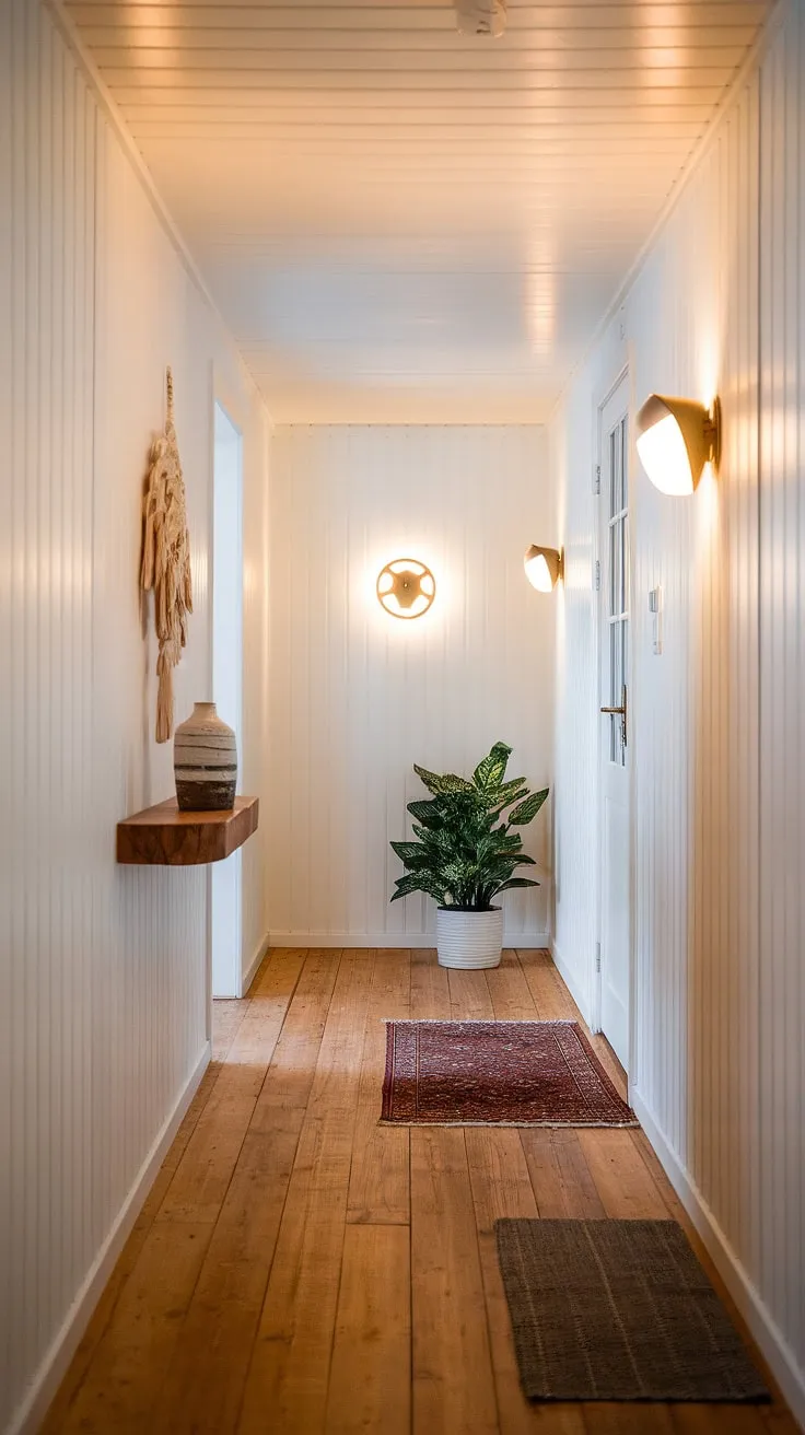 The soft glow of the wall lights casts a warm welcome down this Scandinavian-inspired hallway. The simple elegance of the wooden floor and white walls is perfectly complemented by the carefully chosen details – a thriving plant, a rustic shelf, and a cozy rug, creating a space that feels both serene and inviting. A sense of calm permeates every corner.