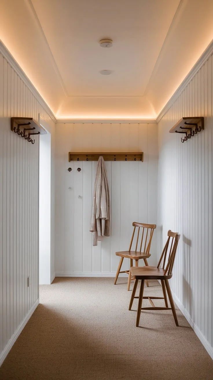 A quiet sanctuary awaits. The muted beige carpet and white walls create a peaceful atmosphere, while the wooden accents-the shelf, chairs, and coat hooks-add warmth and character. A space designed for both comfort and effortless style.