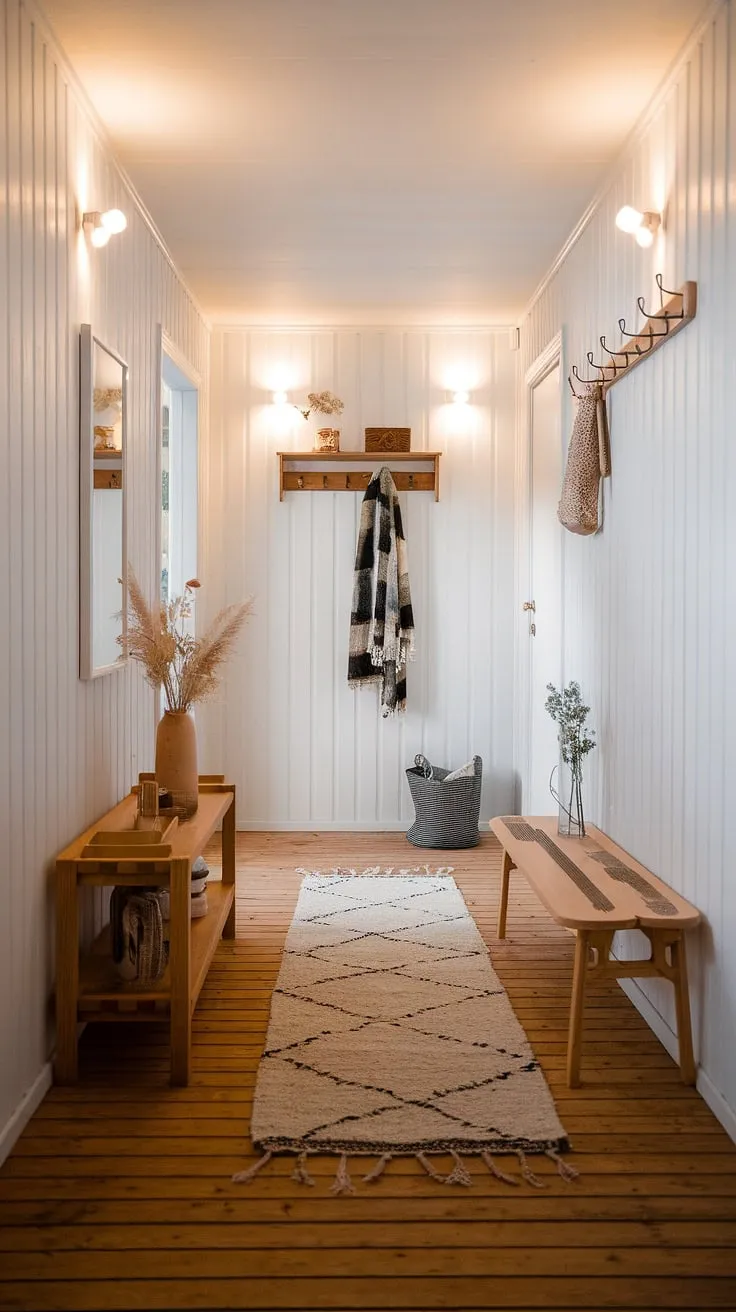 A serene hallway, bathed in soft light, showcases the beauty of understated Scandinavian style. The wooden shelf, coat rack, and thoughtfully placed rug create a welcoming atmosphere, a perfect blend of form and function.