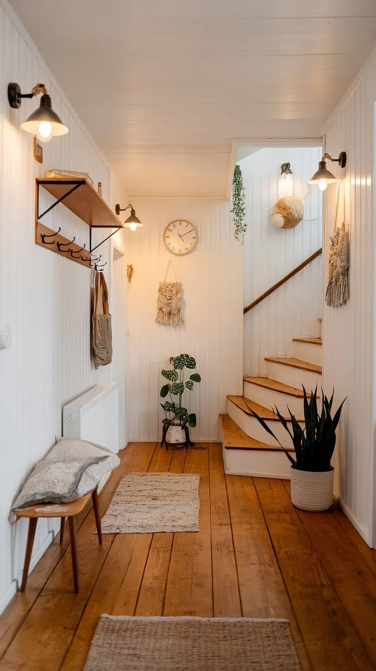 Simple pleasures and understated elegance define this Scandinavian hallway. The warm lighting, natural wood, and carefully chosen details create a welcoming atmosphere, a perfect blend of minimalist design and cozy comfort. A quiet sanctuary where everyday moments feel special.