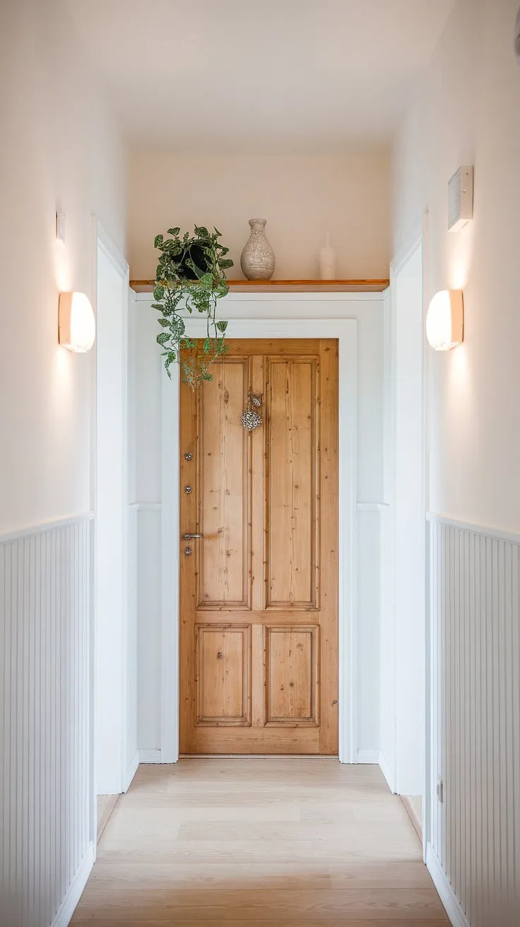 This hallway whispers of quiet mornings and peaceful evenings. The clean lines and bright white walls create a feeling of spaciousness, while the wooden door and light wood floors add warmth and texture. A small plant and decorative object on the simple white shelf add a touch of personality. A truly tranquil and inviting space.