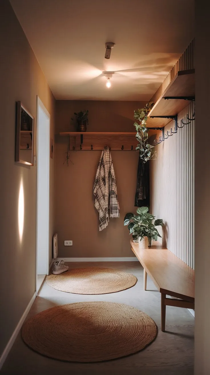 The muted tones and natural wood create a calming atmosphere in this Scandinavian-style hallway. A simple bench, adorned with a thriving plant, invites a moment of pause, while the round rug anchors the space and adds a touch of warmth. The soft lighting enhances the overall sense of serenity and understated elegance.