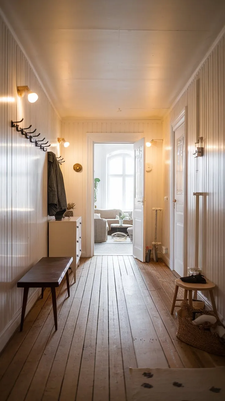 This hallway, bathed in the soft light of wall sconces, is a testament to Scandinavian design. The natural wood floor and white walls create a bright and airy atmosphere, while the carefully chosen furniture-a bench, a cabinet-adds both functionality and subtle style. The open door hints at the cozy living space beyond, promising warmth and comfort. A perfect example of how thoughtful details can transform a simple space into a haven.