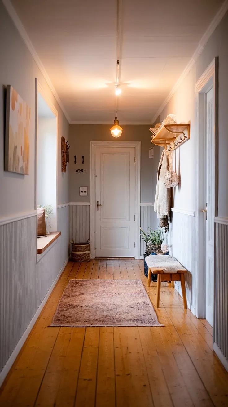 The soft light filtering through the window illuminates the warmth of this Scandinavian hallway, a perfect blend of functionality and understated elegance. The simple wooden floor, gray walls, and carefully chosen furniture-including a practical coat rack and inviting bench-create a cozy and welcoming entryway. A sense of calm permeates the space, making it a truly delightful a area.
