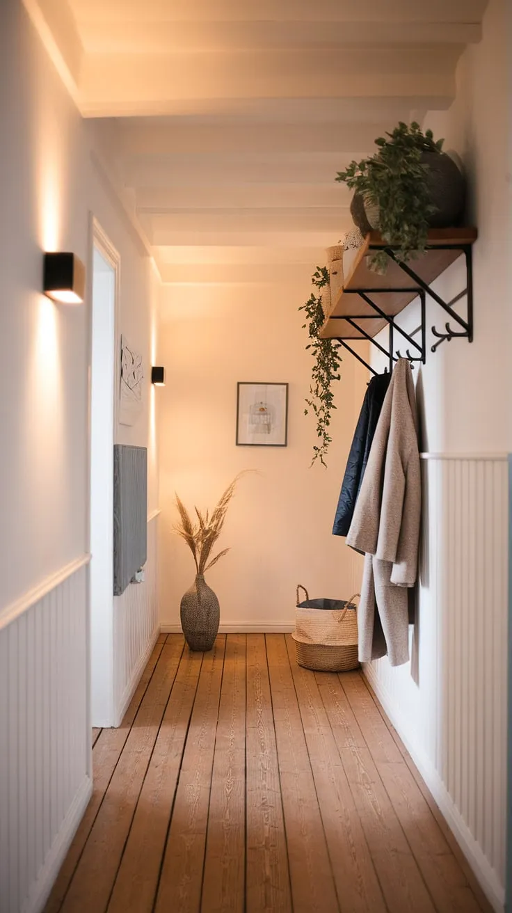 Warm light spills across the pale wood floors, illuminating the simple elegance of this Scandinavian hallway. Floating shelves, adorned with greenery and a few coats, add a touch of lived-in coziness to the minimalist design. A perfect blend of functionality and understated style.