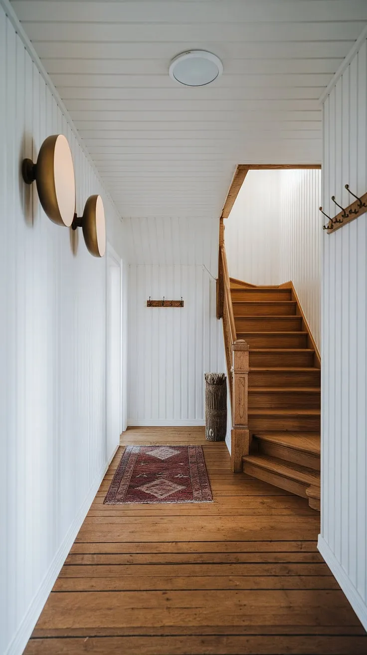 Sunlight streams into this serene Scandinavian hallway, highlighting the natural beauty of the wood staircase and floors. The minimalist design, accented by subtle brass details and a cozy rug, creates a space that is both functional and aesthetically pleasing.