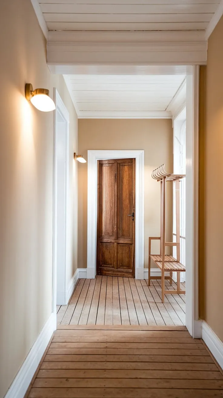The soft glow of the wall lights illuminates the calm simplicity of this Scandinavian hallway; a perfect blend of light wood, crisp white trim, and a soothing beige wall. A welcoming coat rack stands ready by the wooden door, promising warmth and comfort.