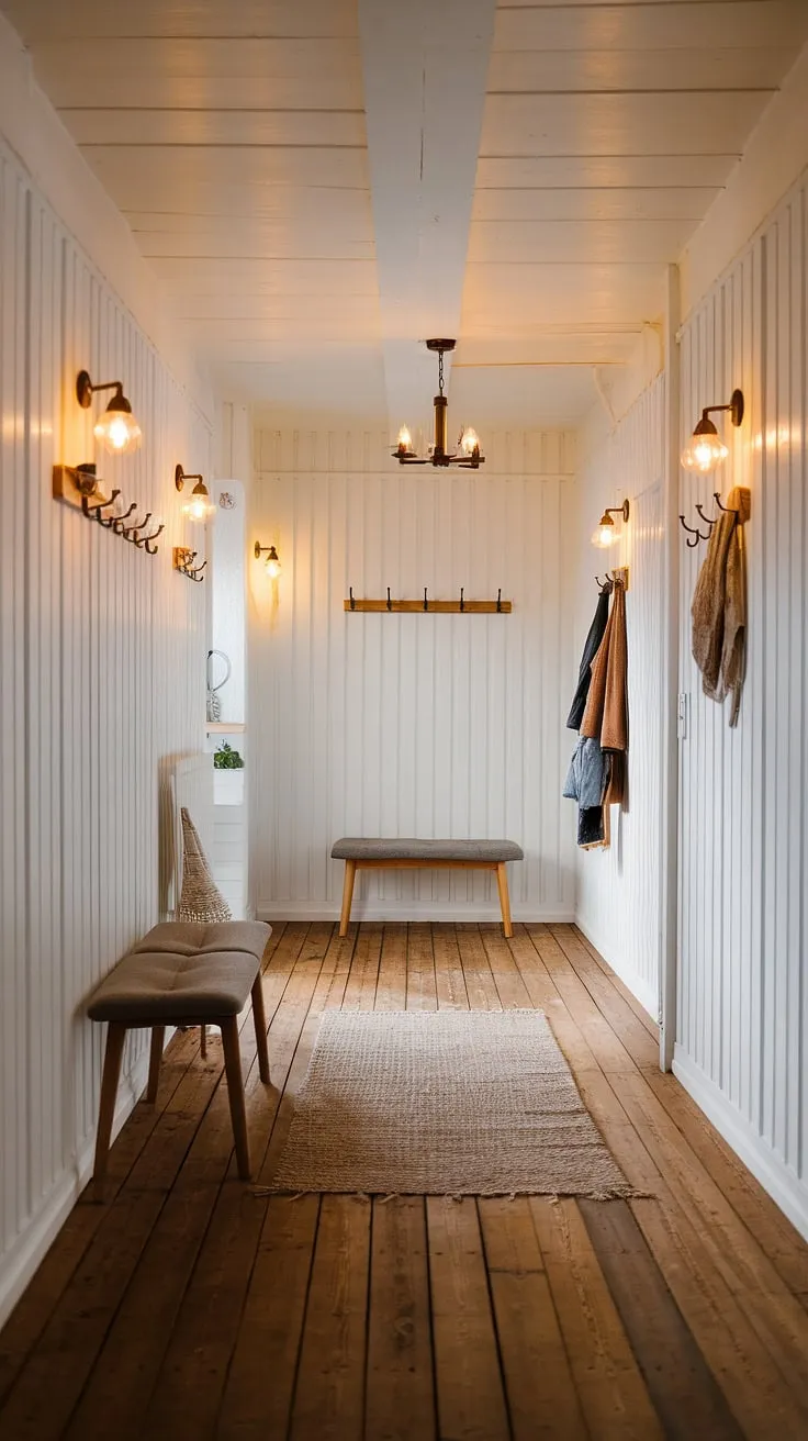 This Scandinavian-inspired hallway is the epitome of understated elegance. The neutral palette, punctuated by the rich tones of the wood and the soft texture of the rug, creates a calm and inviting space. A thoughtfully designed area, with practical coat hooks and a comfortable bench, makes this more than just a passageway; it's a place to pause and breathe.