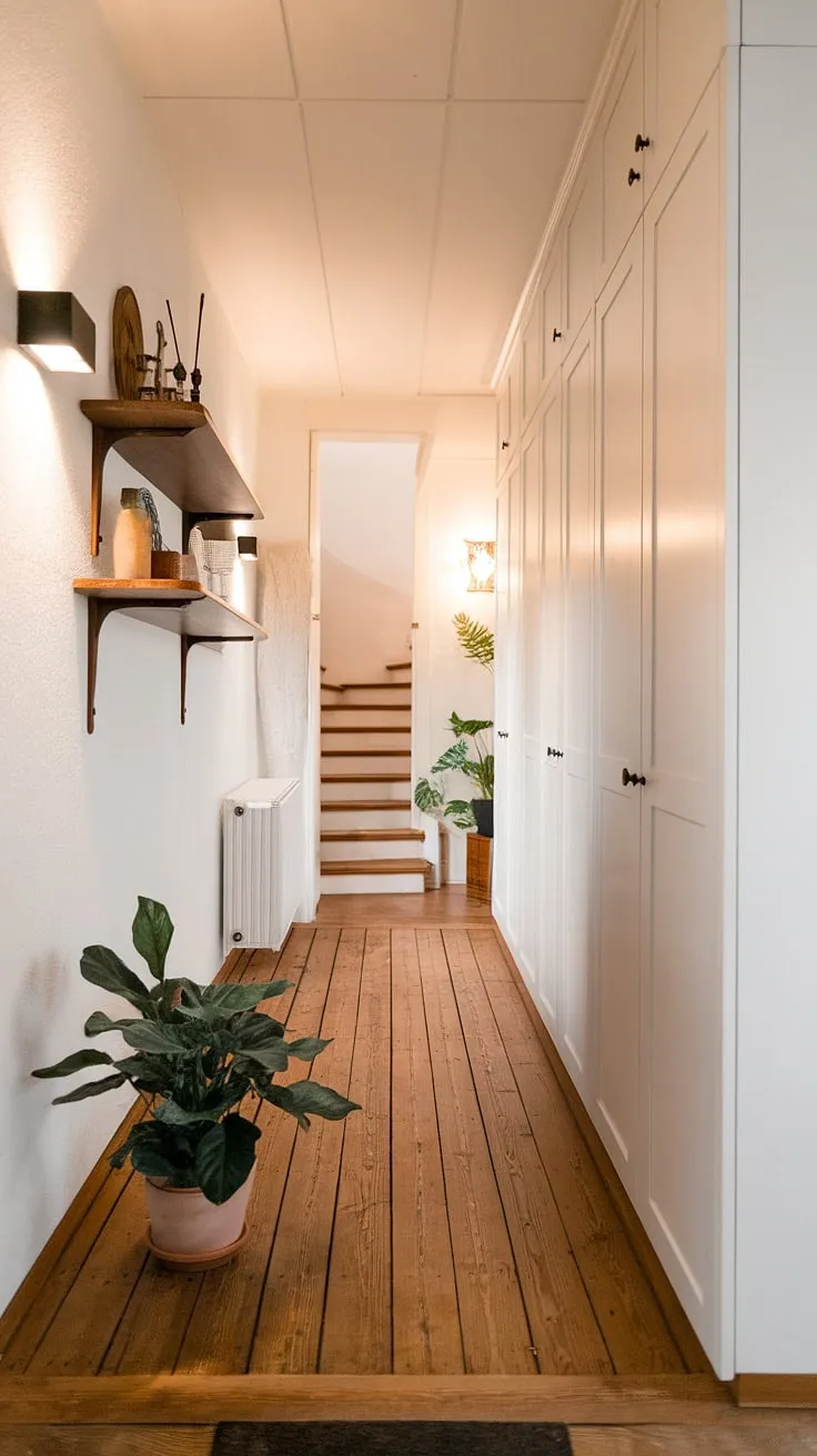 A serene Scandinavian hallway, bathed in soft light. The simple elegance of white cabinets and wooden shelves, accented by a thriving plant, creates a peaceful atmosphere. The wooden floors and warm lighting invite you to pause and appreciate the journey ahead, up the inviting staircase.