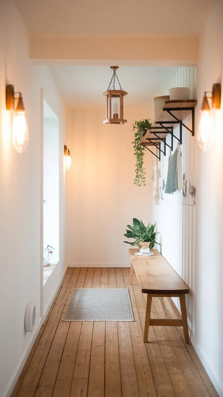 This serene Scandinavian hallway, bathed in the soft glow of wall sconces, showcases the beauty of simple design. The natural wood tones of the shelves, bench, and lantern create a warm and welcoming ambiance, perfectly complemented by the a touch of greenery and a cozy rug.