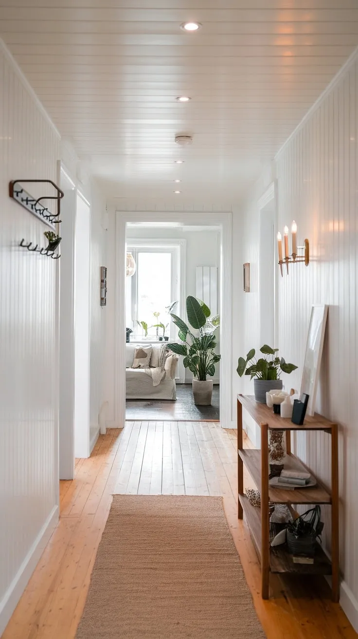 Sunlight streams through this serene Scandinavian hallway, illuminating the warm wood floors and the simple elegance of the space. A thoughtfully curated shelf, complete with a thriving plant, adds a touch of personality to the minimalist design. The soft beige rug underfoot and the inviting doorway leading to the living room create a welcoming atmosphere.