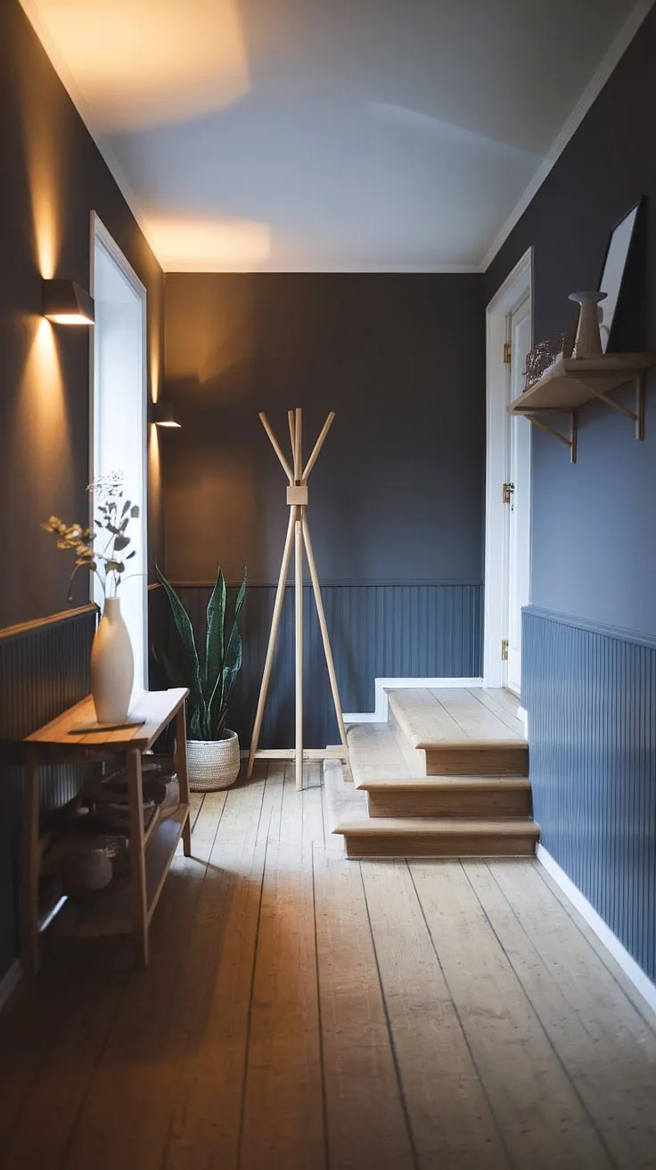 The muted tones of this Scandinavian hallway create a sense of calm and serenity. A thoughtfully curated collection of wooden accents, a vibrant plant, and soft lighting combine to form a welcoming and inviting entryway. The dark gray walls provide a striking backdrop for the natural wood and simple decor.
