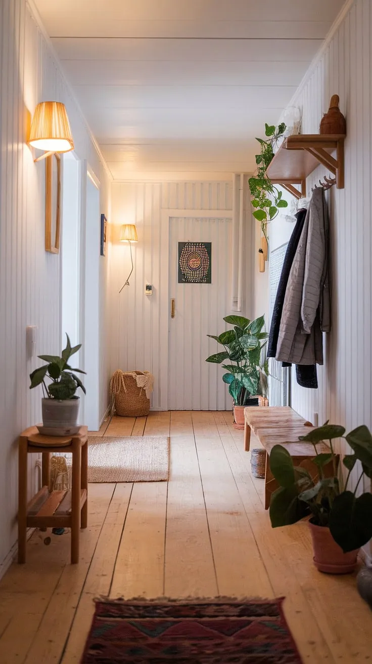 Warm light spills across the pale wood floors of this Scandinavian-inspired hallway, creating a calm and inviting atmosphere. The simple elegance is enhanced by the strategically placed plants, a cozy rug, and a functional coat rack, all contributing to a sense of understated style. A perfect blend of functionality and beauty.