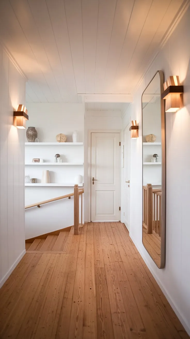 Sunlight streams through unseen windows, illuminating the light wooden staircase and its delicate railing. A collection of cherished objects rests on the white shelves, adding personality to the otherwise minimalist space. The large mirror, reflecting the hallway's peaceful ambiance, creates a sense of spaciousness. A quiet sanctuary, this Scandinavian hallway promises a peaceful retreat.
